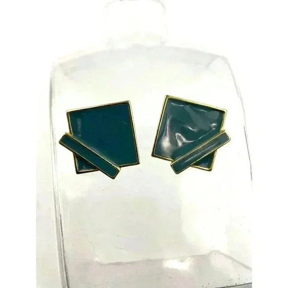 VTG Gold Tone Square Green Enamel Earrings Retro 1" Stamped R - Picture 10 of 11